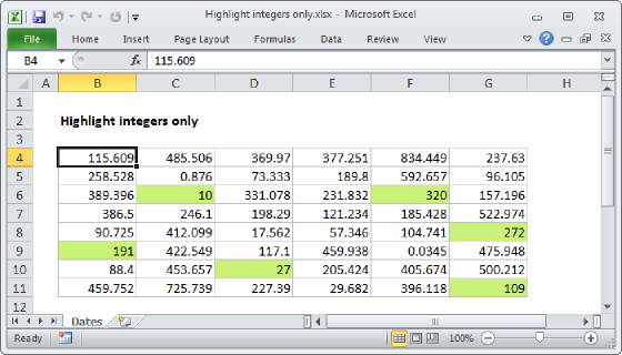 Excel Highlight integers only