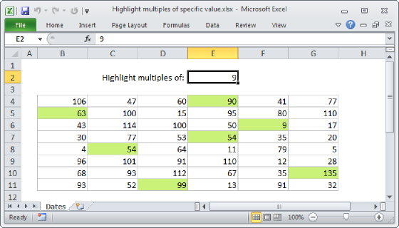 Excel Highlight multiples of specific value