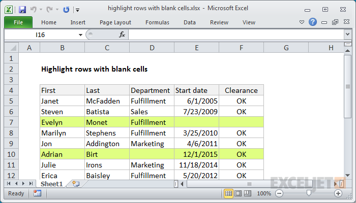 Highlight rows with blank cells