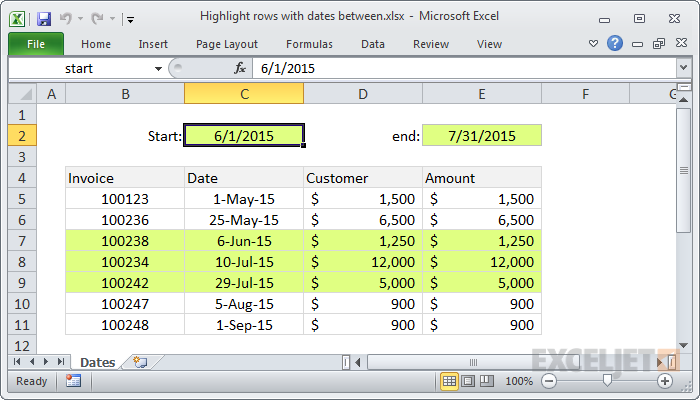 Highlight rows with dates between