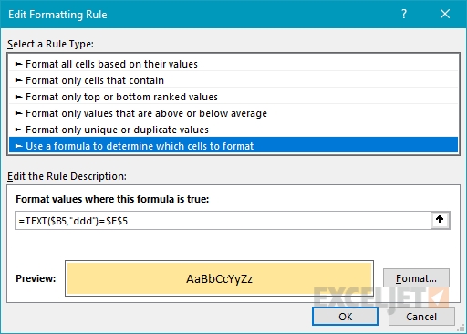 Conditional formatting rule to highlight specific day of week