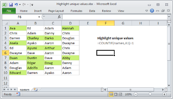 Excel Highlight unique values