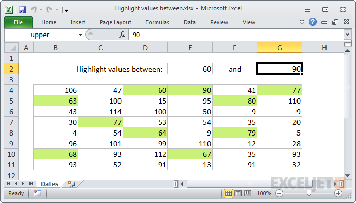 Highlight values between
