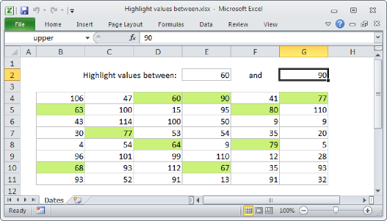 Excel Highlight values between