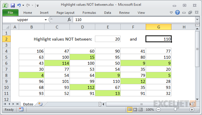 Highlight values not between X and Y