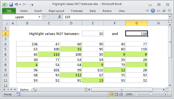 Excel Highlight values not between X and Y
