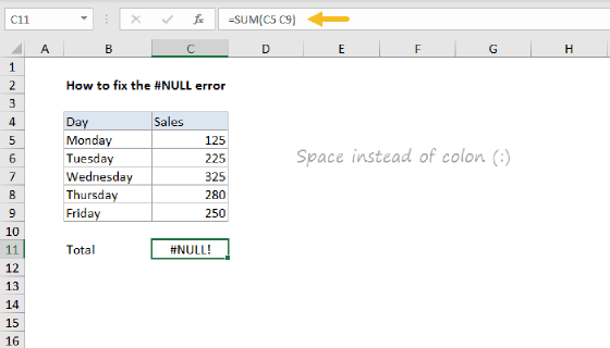 Excel How to fix the #NULL! error