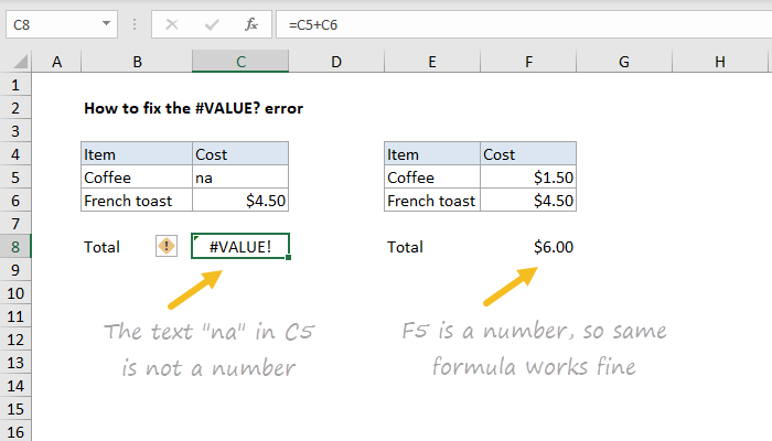 How to fix the #VALUE! error - Excel formula | Exceljet