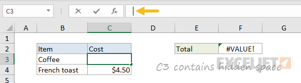 #VALUE! error example - errant space character in formula bar