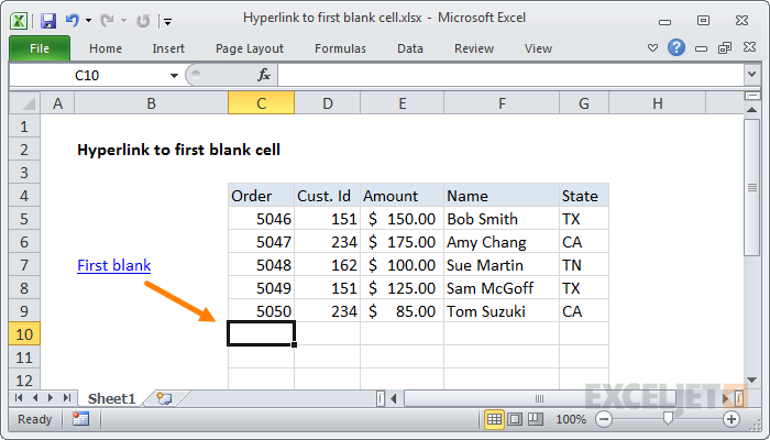 Hyperlink to first blank cell
