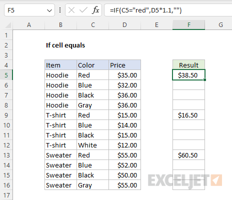 IF function example - increase price 10% if color is Red