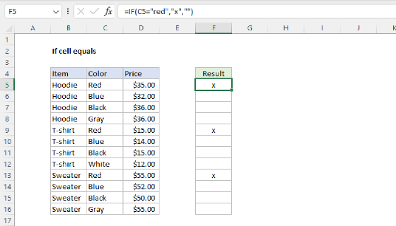 Excel If cell equals