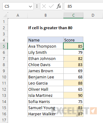 Using conditional formatting to highlight scores greater than 80