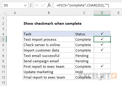 If function with char function and wingdings to display checkmark
