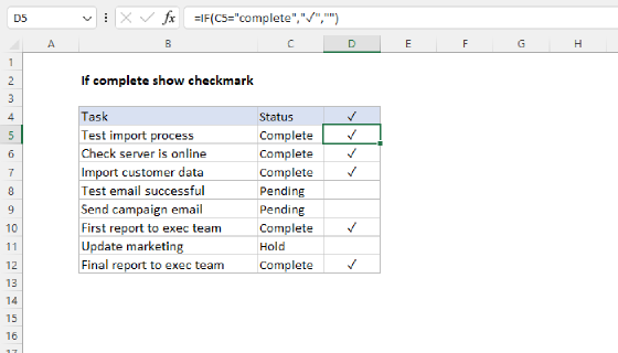 Excel If complete show checkmark