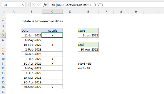 Excel If date is between two dates