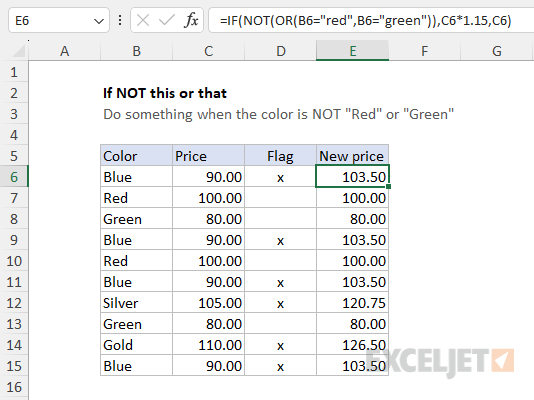 Increase price if color is NOT red or green