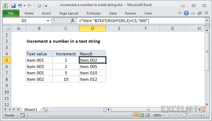 Increment a number in a text string