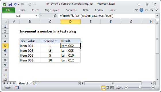 Excel Increment a number in a text string