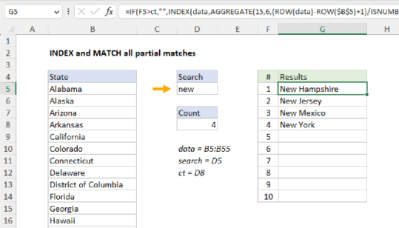 Excel INDEX and MATCH all partial matches