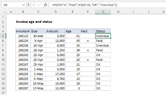 Excel Invoice age and status