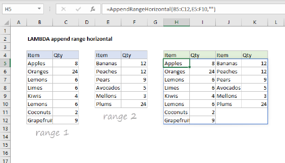 Excel LAMBDA append range horizontal