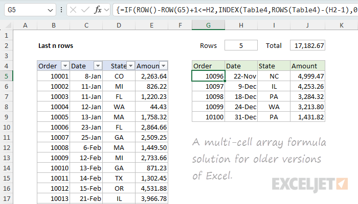 Multi-cell array formula to get the last n rows