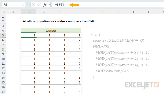 Each code split into columns with digits 1 to 9 instead of 0 to 9