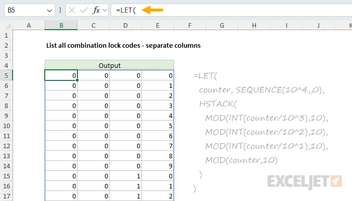 Each code split into four separate digit columns with INT and MOD