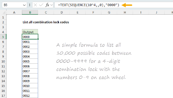 Excel List all combination lock codes