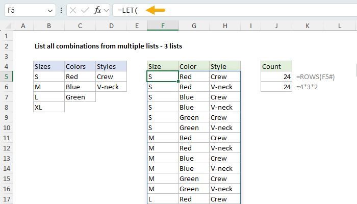 List all combinations from multiple lists - Excel formula | Exceljet