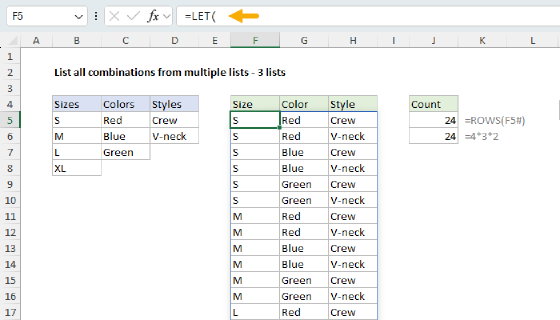 Excel List all combinations from multiple lists