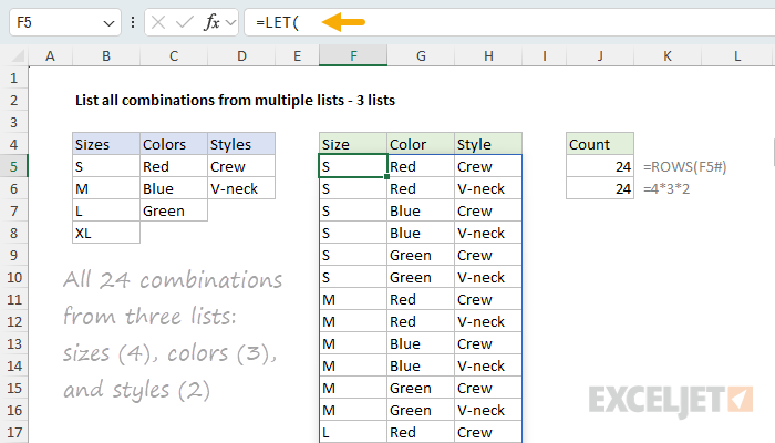All 24 combinations of sizes, colors, and styles from three lists