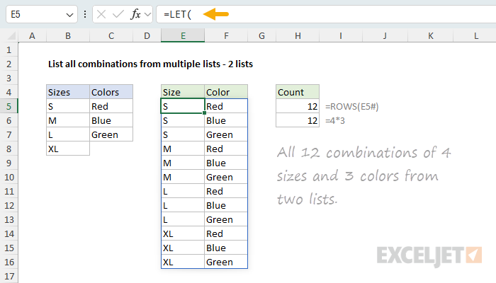 All 12 combinations of 4 sizes and 3 colors from two lists