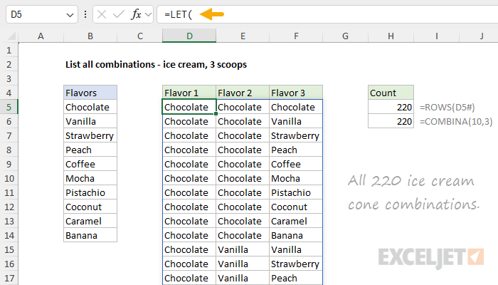 List all combinations