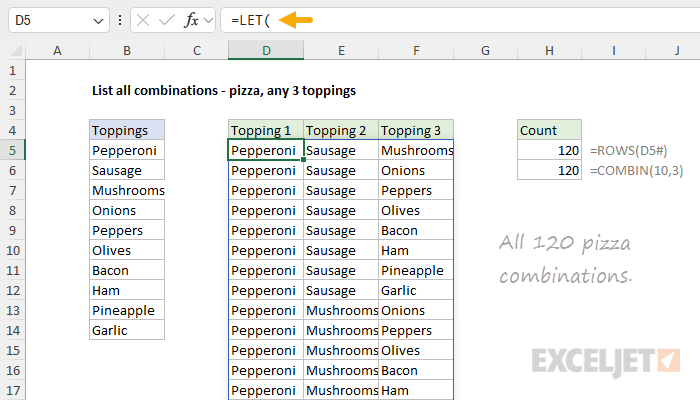 All 120 combinations of 3 different toppings from 10 pizza toppings
