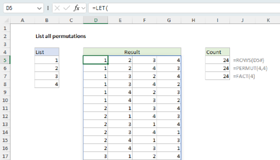 Excel List all permutations of a list