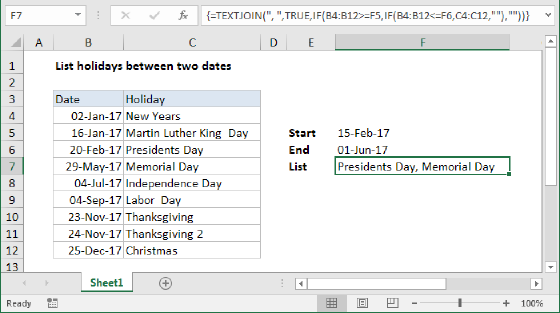 Excel List holidays between two dates