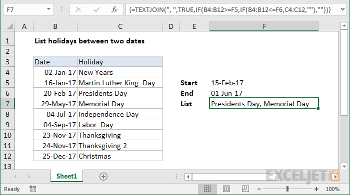 List holidays between two dates