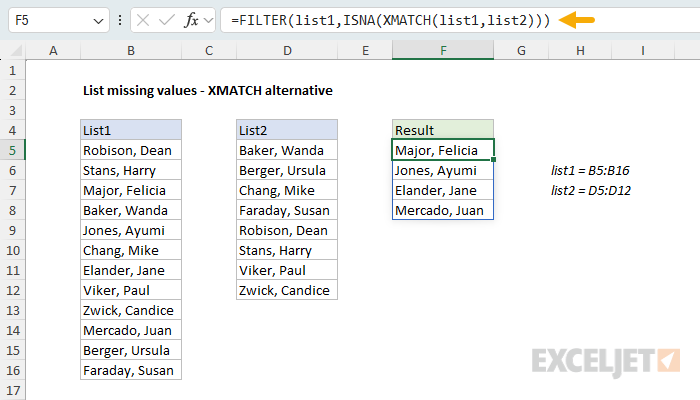 List missing values with the XMATCH function