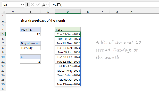 Excel List nth weekdays of the month