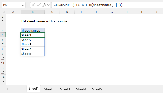 Excel List sheet names with formula