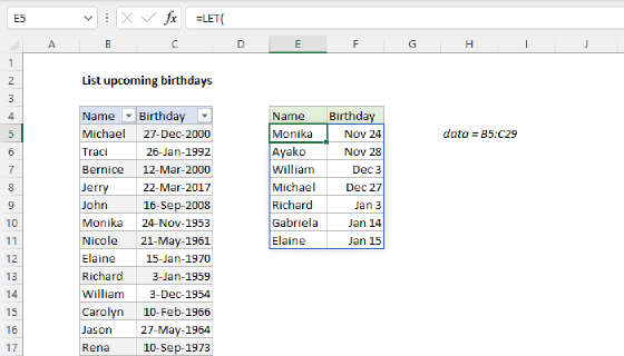 Excel List upcoming birthdays