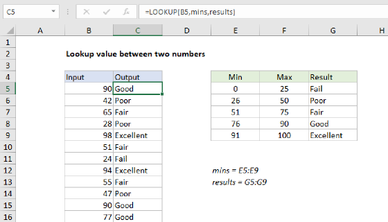 Excel Lookup value between two numbers
