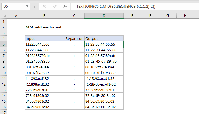 MAC address format - Excel formula | Exceljet