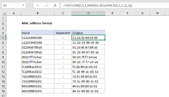 Excel MAC address format