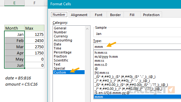 Custom number format to display months in column E