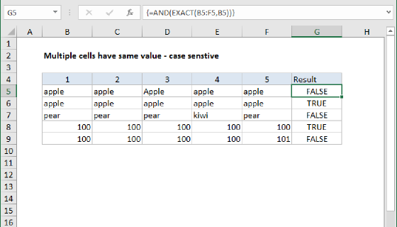 Excel Multiple cells have same value case sensitive