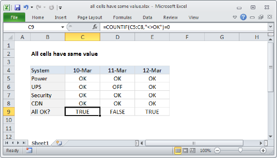 Excel Multiple cells have same value