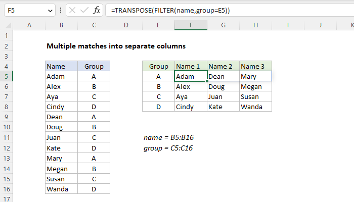 Multiple matches into separate columns - Excel formula | Exceljet